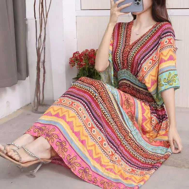 Women's Bohemian Style Beach Maxi Long Dress Floral Cotton Off Shoulder Round N