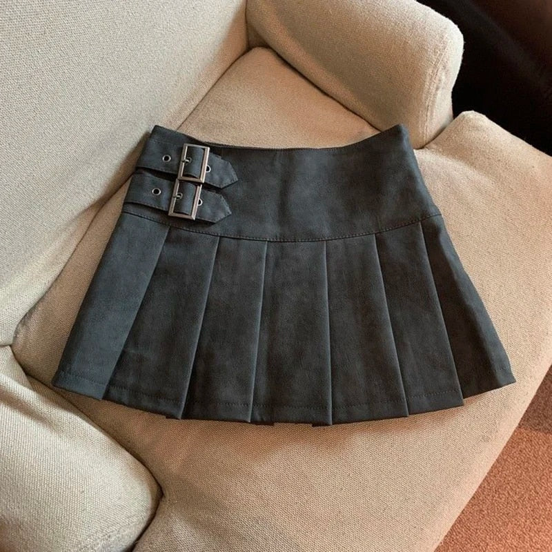 MEXZT Y2K Pu Leather Mini Skirts Women Streetwear High Waist Pleated Skirt Vint