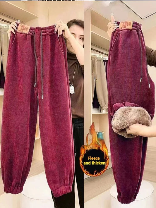 Women Thicken Lambwool Corduroy Pants Outdoor Warm Fleece Lined Jogging Harem P