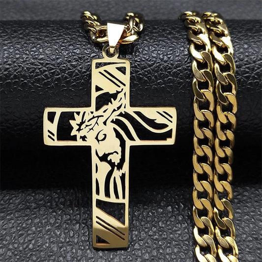 Hip Hop Punk Crown of Thorns Jesus Cross Necklace for Men Stainless Steel Gold