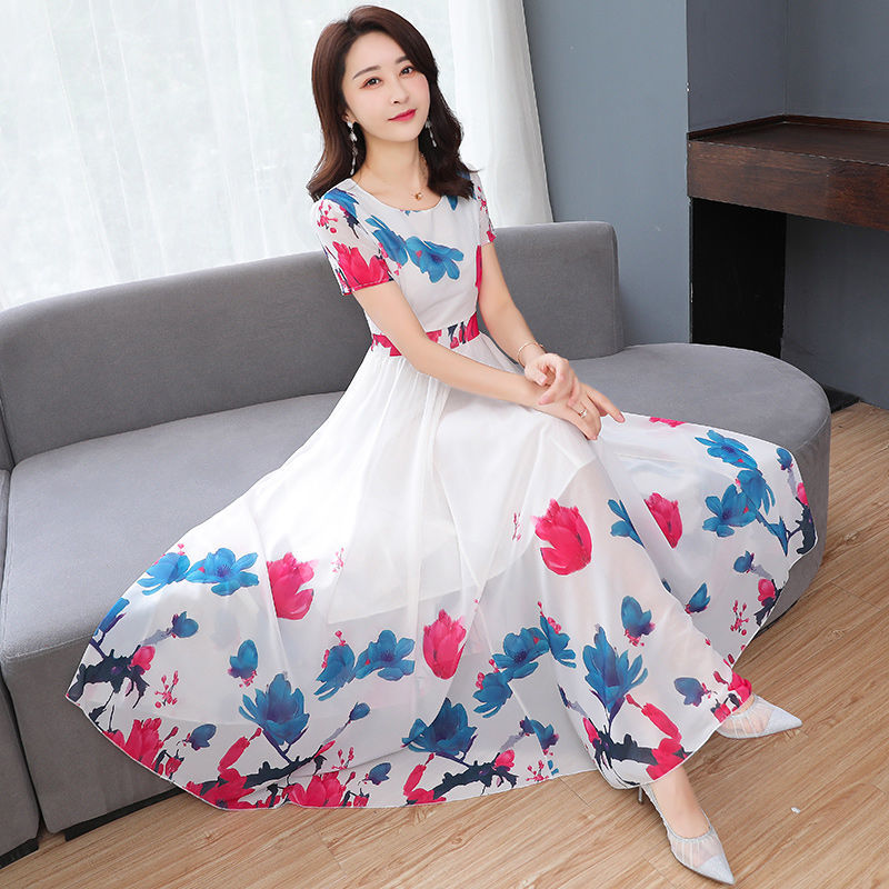 Maxi Dress Women Casual Vintage Short Sleeve Summer Dress High Quality Chiffon