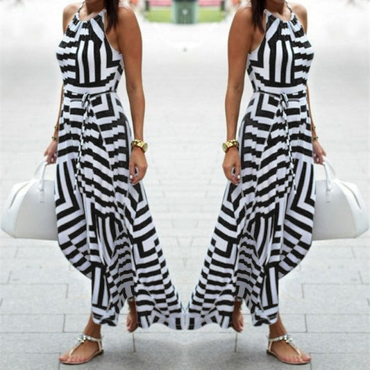 Summer New Womens Elegant Dress Boho Striped Printed Long Casual Beach Party Ev