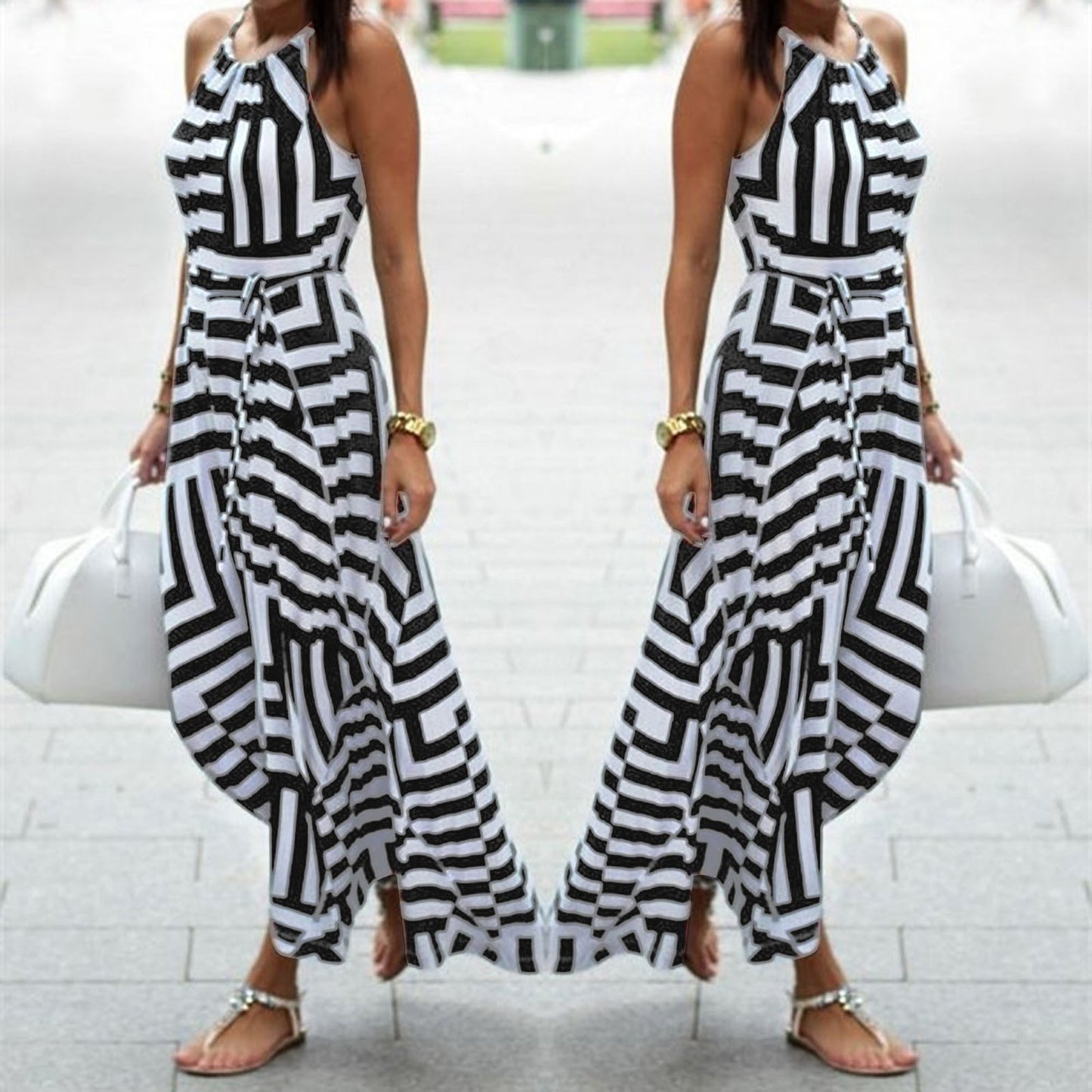 Summer New Womens Elegant Dress Boho Striped Printed Long Casual Beach Party Ev