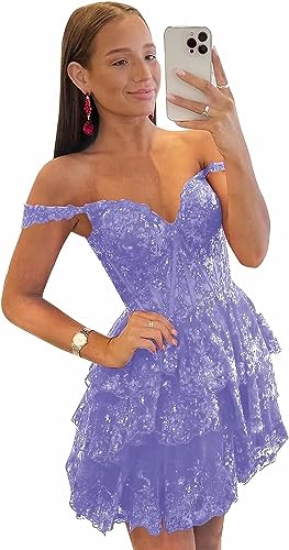 Off-the-Shoulder Sweetheart Tulle Homecoming Dresses Lace Tiered Sleeveless Spa