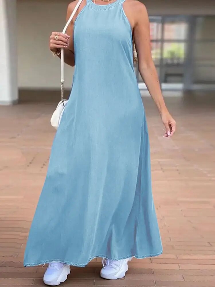 2023 PLUS SIZE ZANZEA Fashion Denim Long Dress Cute Women Halter Swing Sundress