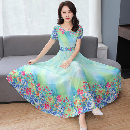 Maxi Dress Women Casual Vintage Short Sleeve Summer Dress High Quality Chiffon