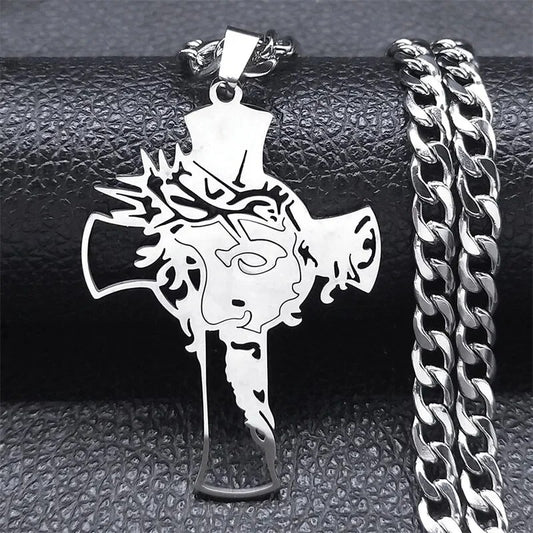 Hip Hop Punk Crown of Thorns Jesus Cross Necklace for Men Stainless Steel Gold