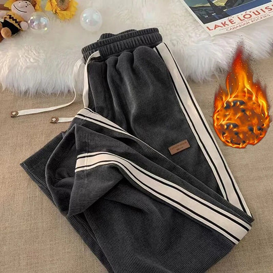 Fall Striped Corduroy Sweatpants Women Winter Thick High Waist Drawstring Wide