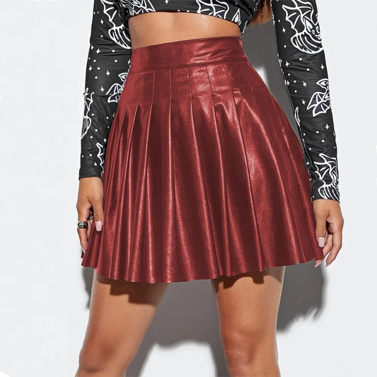 New Fashion Women Solid Color Pleated Skirt High Waist PU Leather Short Skirt F