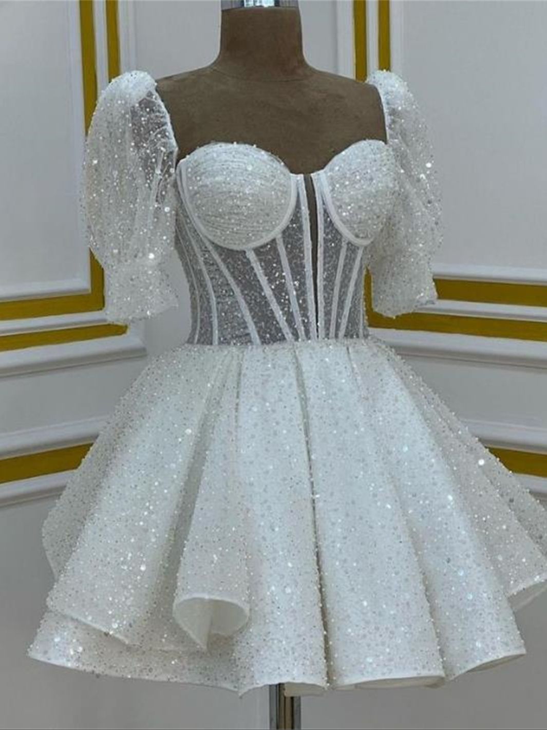 White Sequins Homecoming Dress Square Neck Puff Short Sleeves Simple Shiny Clas