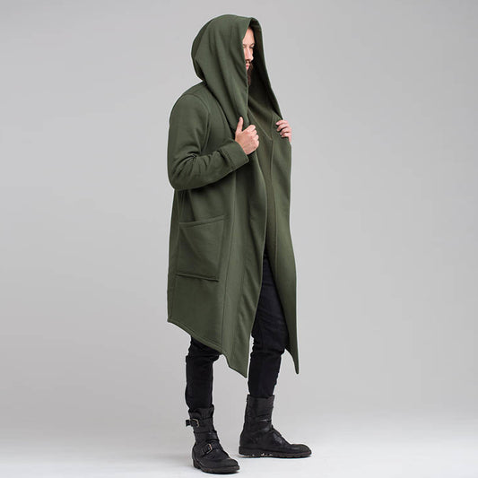 Men's Hooded Cardigan Trench Coat Streetwear Solid Color Hooded Windbreaker wit