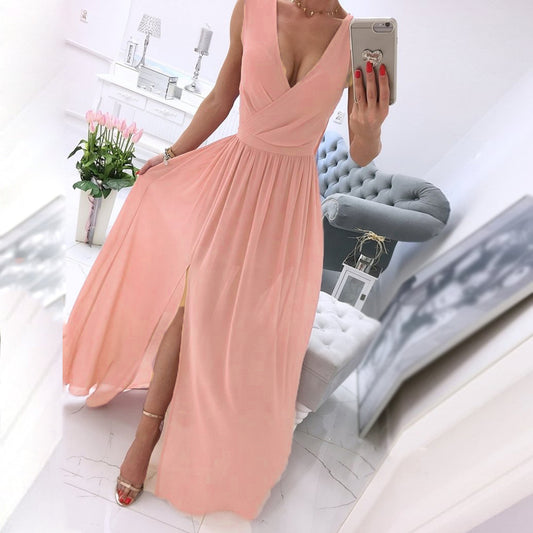 Women's Dresses Summer Pleated V Neck Sleeveless Side Slit Long Maxi Casual Ch