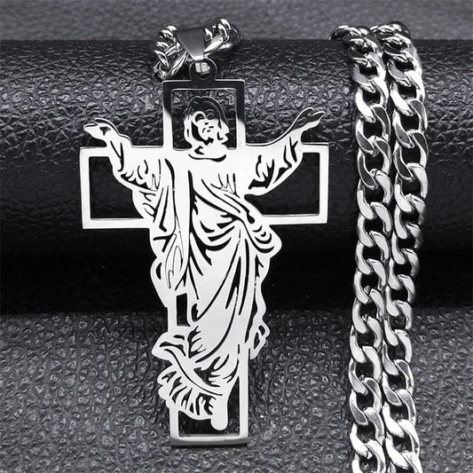 Hip Hop Punk Crown of Thorns Jesus Cross Necklace for Men Stainless Steel Gold