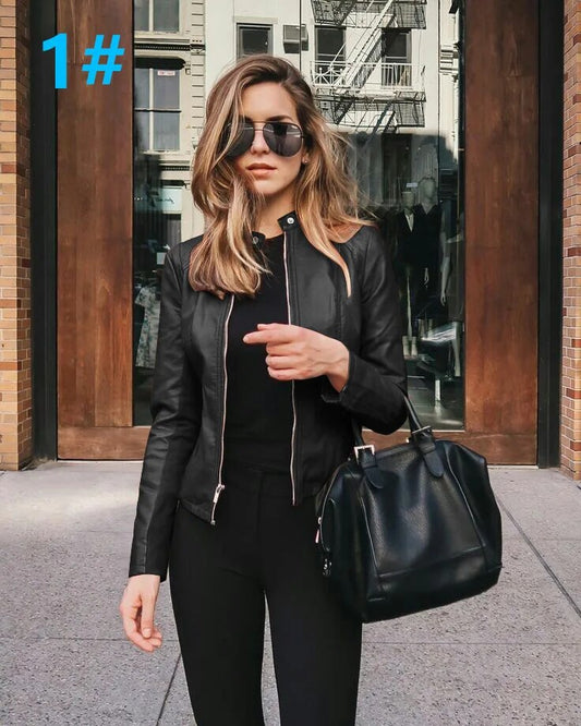 2023 Autumn/Winter Women's Fashion Fake Leather PU Suit Small Coat Cool Solid C