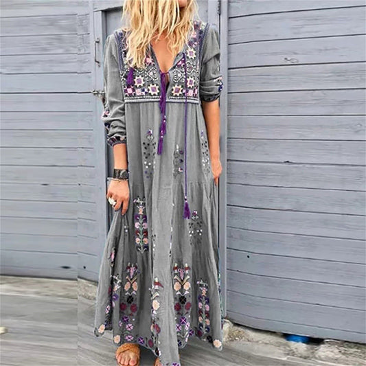 Fashion Vintage Ethnic Style Printed Long Dresses Long Sleeved Boho Beach Holid