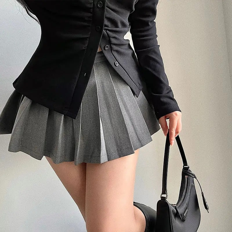 HOUZHOU Pleated Skirt with Shorts Women Cute High Waist Black White A-line Kore