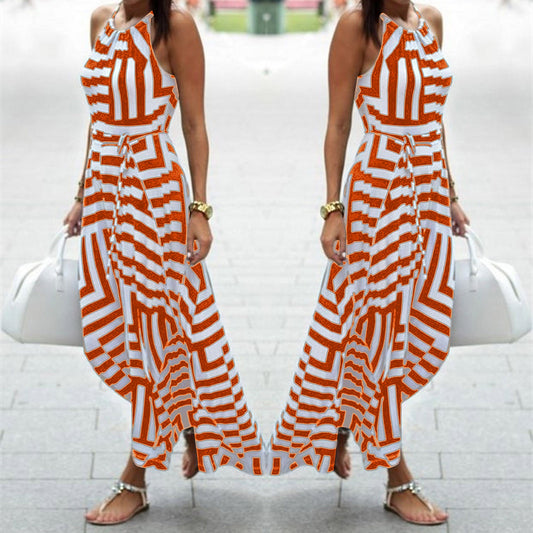 Summer New Womens Elegant Dress Boho Striped Printed Long Casual Beach Party Ev