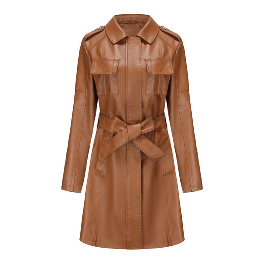 Women's Mid-length Leather Trench Coat with Belt