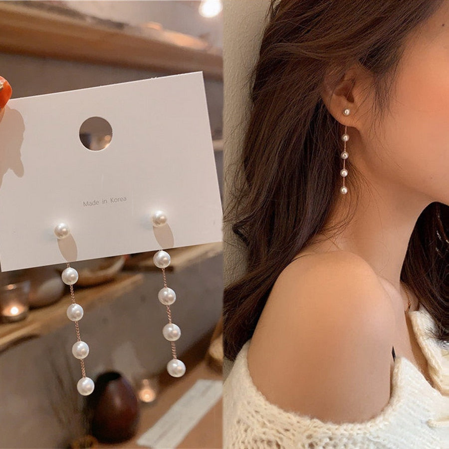 Trend Simulation Pearl Long Earrings Female Moon Star Flower Rhinestone Wedding