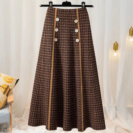 Plaid button knitted skirt high waist women autumn and winter fashion new mid-l