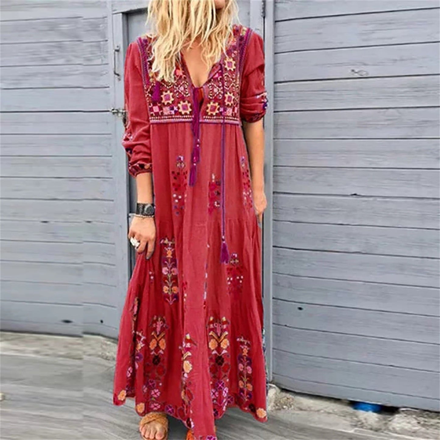 Fashion Vintage Ethnic Style Printed Long Dresses Long Sleeved Boho Beach Holid