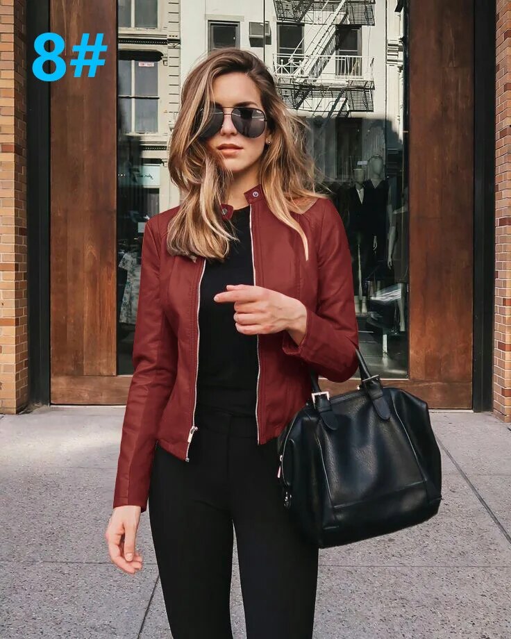 2023 Autumn/Winter Women's Fashion Fake Leather PU Suit Small Coat Cool Solid C