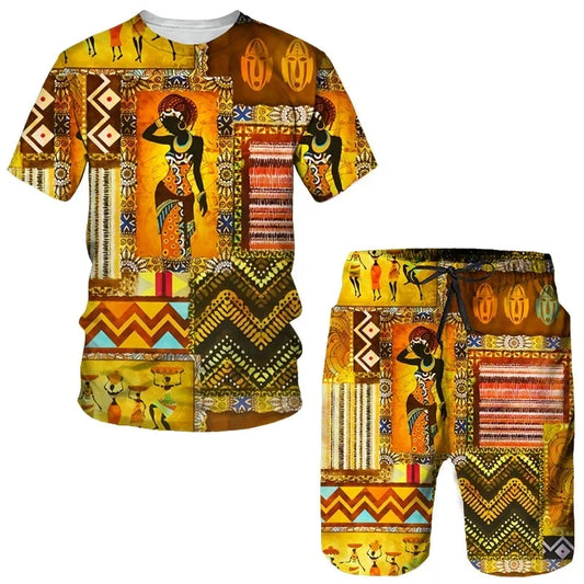 Men Women Sports Suit 3D African Print T-Shirt Shorts Short Sleeve Ethnic Style