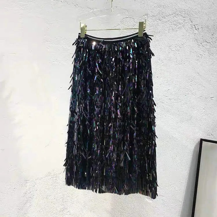 Cool super high fringe sequins pockets hip skirt skirts one pace of heavy colou