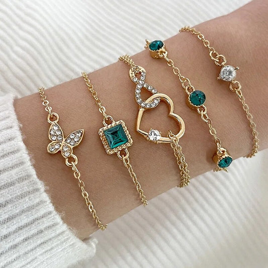 New Fashion Green Crystal Eye Heart Bracelets for Women Vintage Gold Color Snak