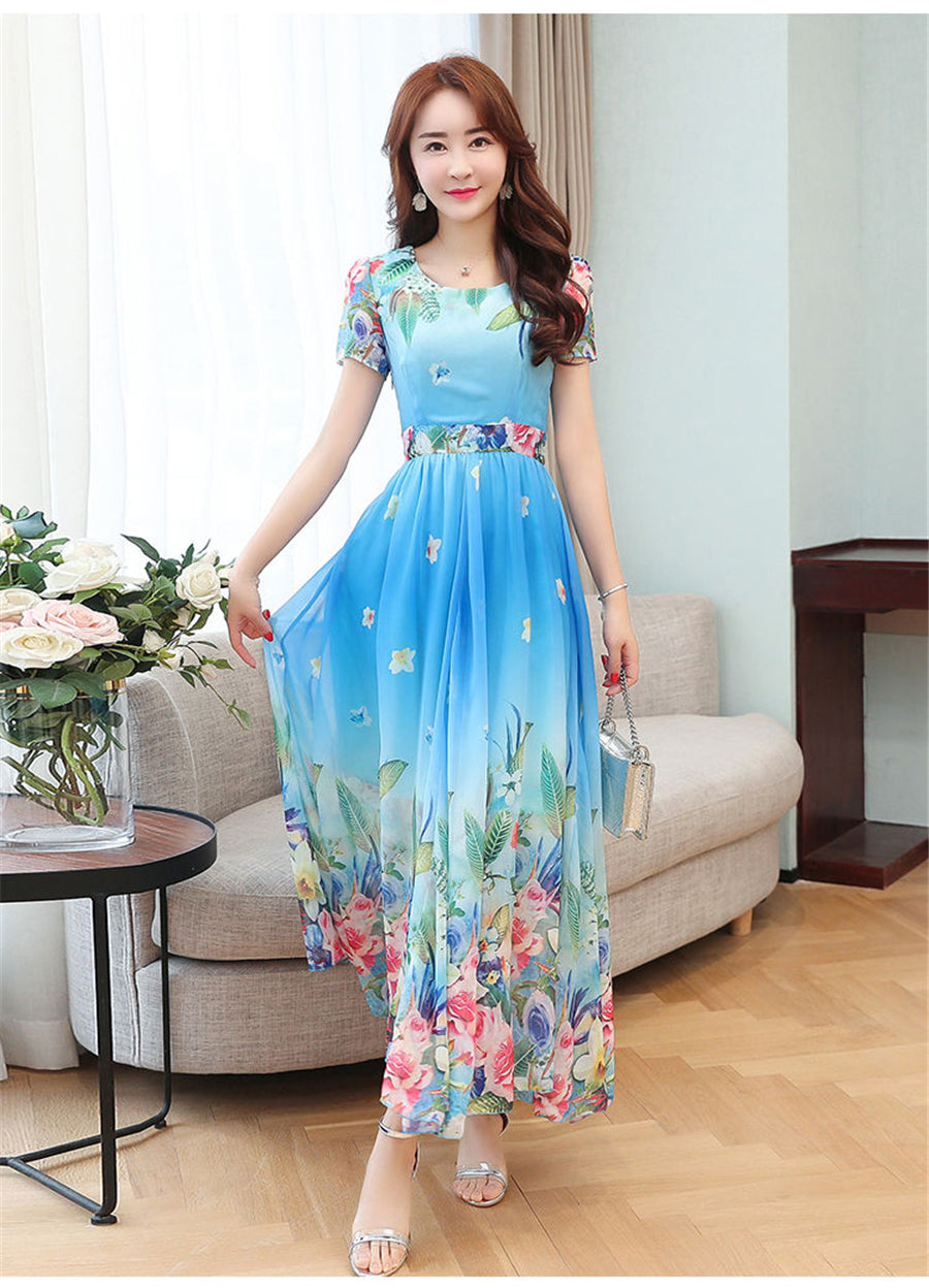 Maxi Dress Women Casual Vintage Short Sleeve Summer Dress High Quality Chiffon