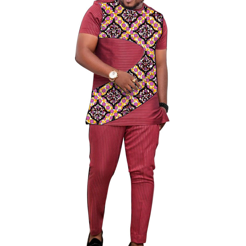 Summer Men's Red Stripe Suit Short Sleeves Set Patchwork Tops With Pant Male Ni