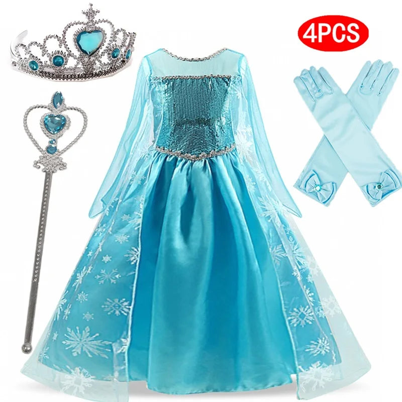 Girls Snow Queen Elsa Kids Costumes For Girl 2024 Carnival Party Prom Gown Robe