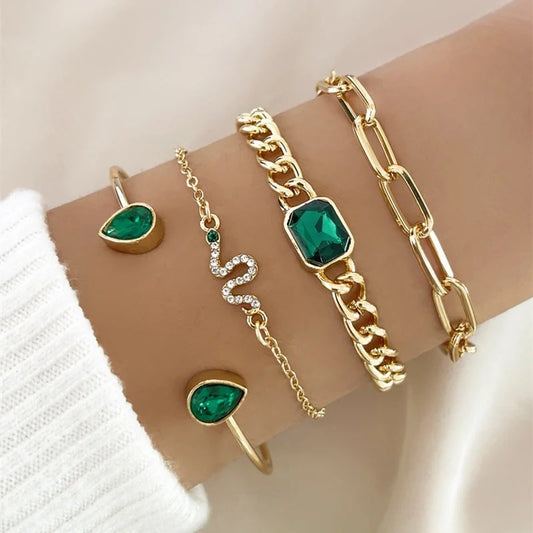 New Fashion Green Crystal Eye Heart Bracelets for Women Vintage Gold Color Snak