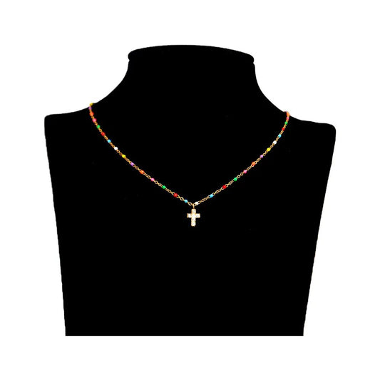 Fashion Boho Cross Pendant Necklace for Women Gold Plated Stainless Steel Chain