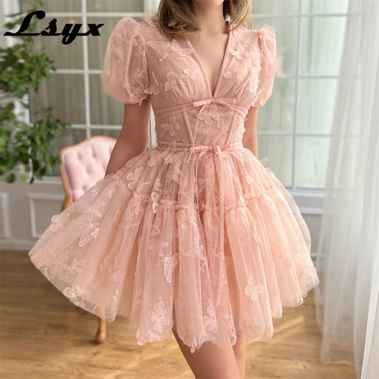 LSYX Above Knee Short Sleeves Butterflies Homecoming Dresses 2024 Tulle V Neck