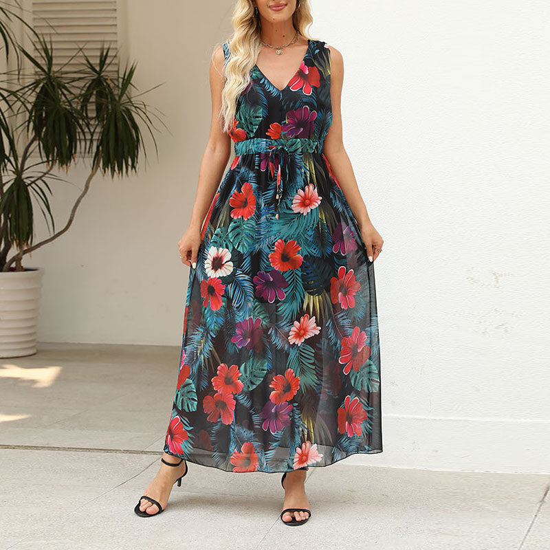 Summer Women's High Street Gorgeous V Neck Maxi Dress New Fashion Sleeveless Backle