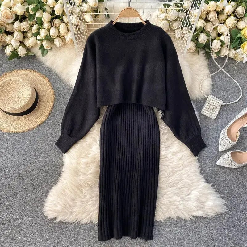 Women Sweater Midi Dress Set Casual Pullovers Suits Autumn Winter O-neck Long S