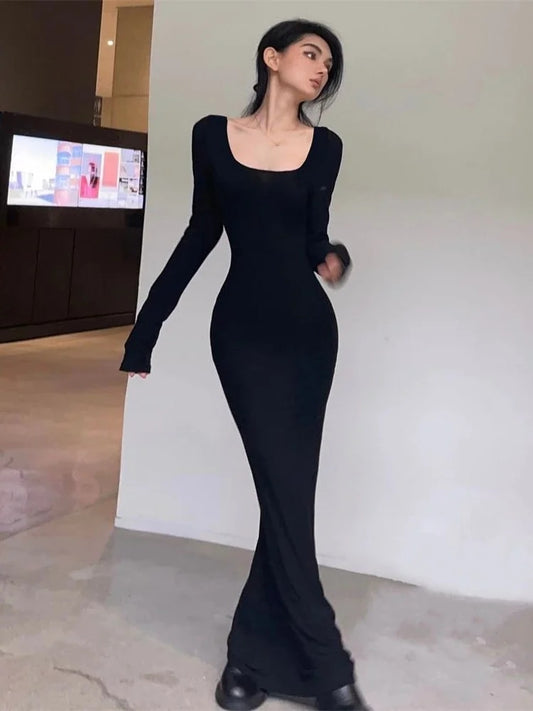 QWEEK Y2K Cute Black Dress Women Vintage Wrap Slim Bodycon Long Dresses Party E