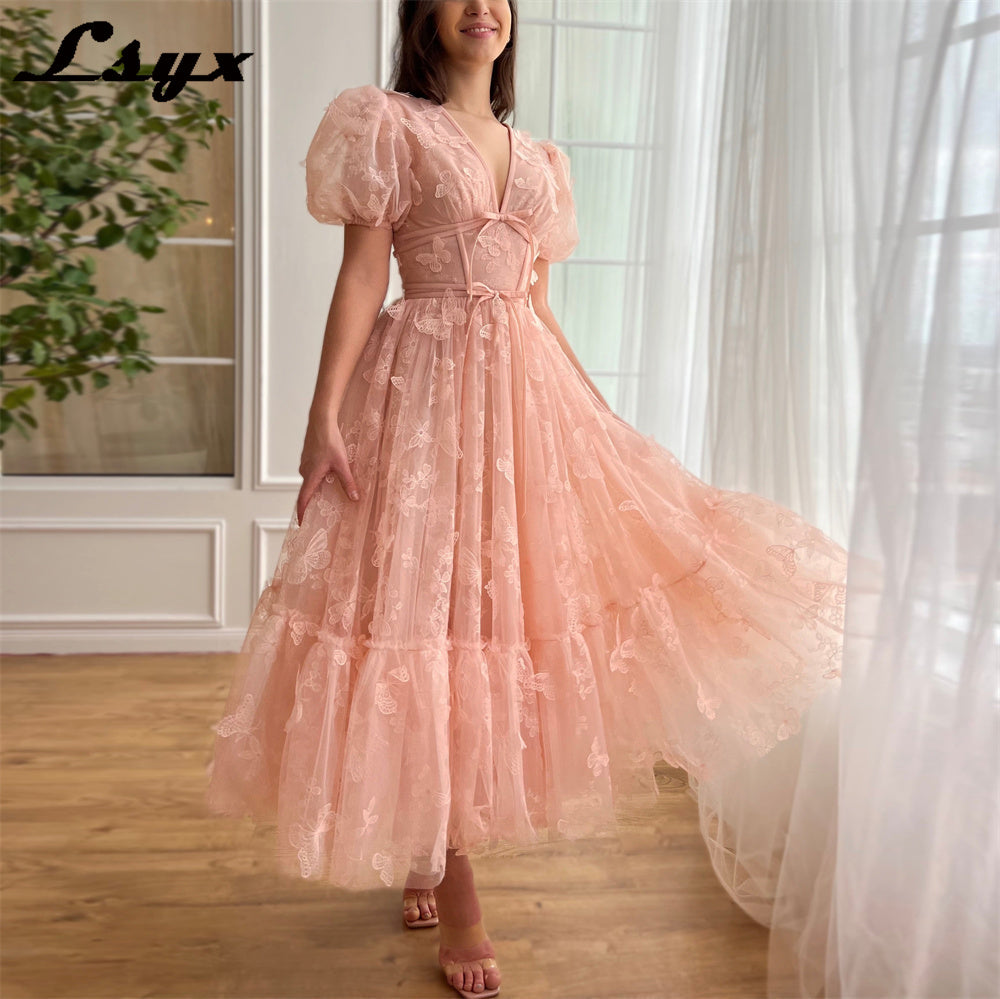 LSYX Above Knee Short Sleeves Butterflies Homecoming Dresses 2024 Tulle V Neck