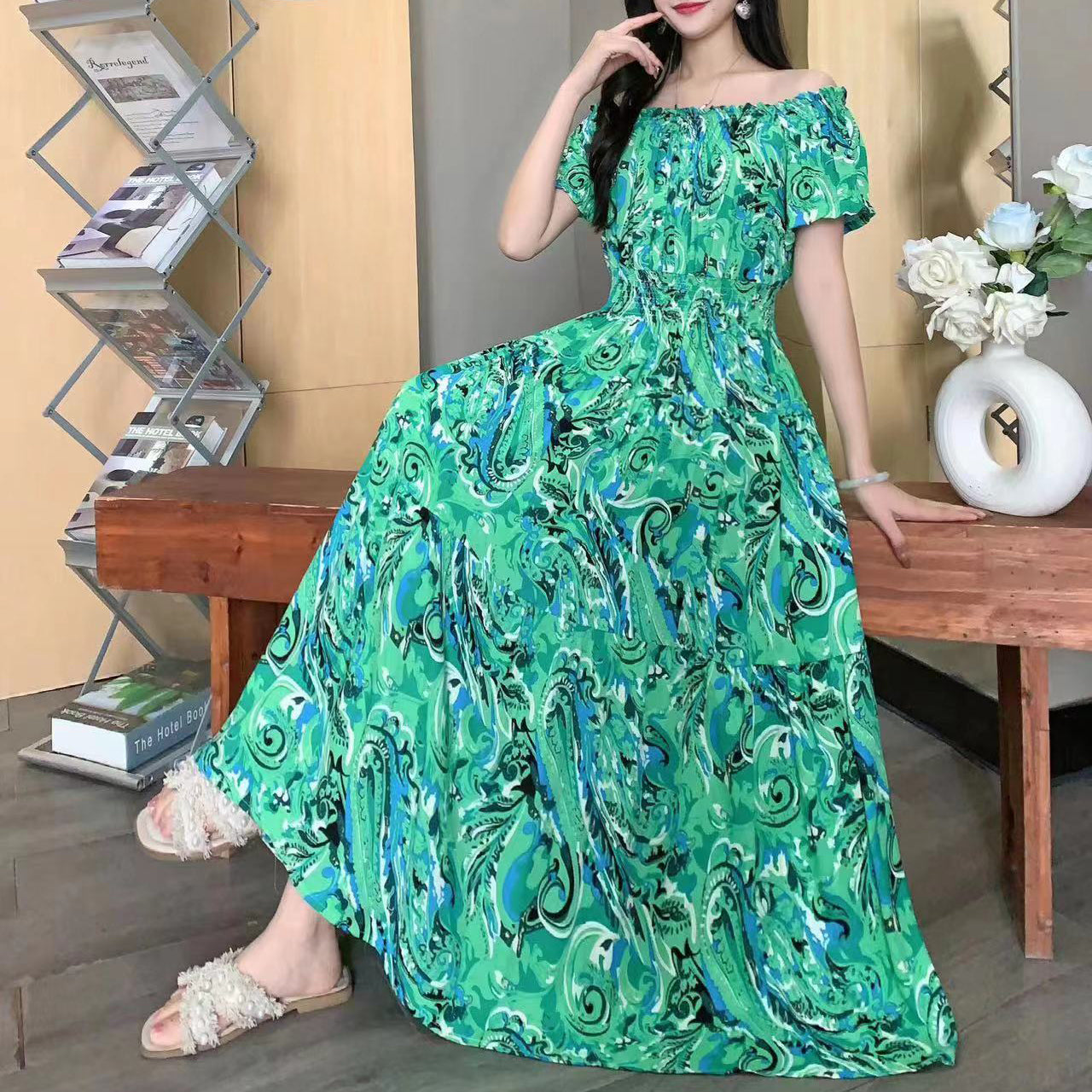 Women's Bohemian Style Beach Maxi Long Dress Floral Cotton Off Shoulder Round N