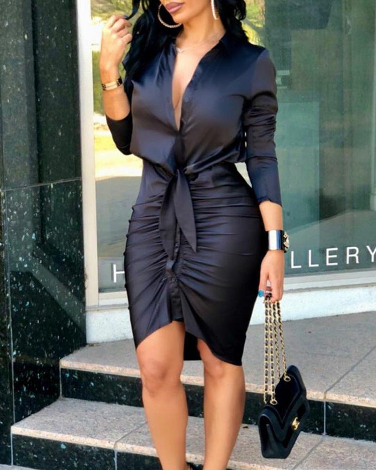 Women Lace-up Solid Color Long Sleeve Midi Dress Shirt Dress Elegant Fashion Pa