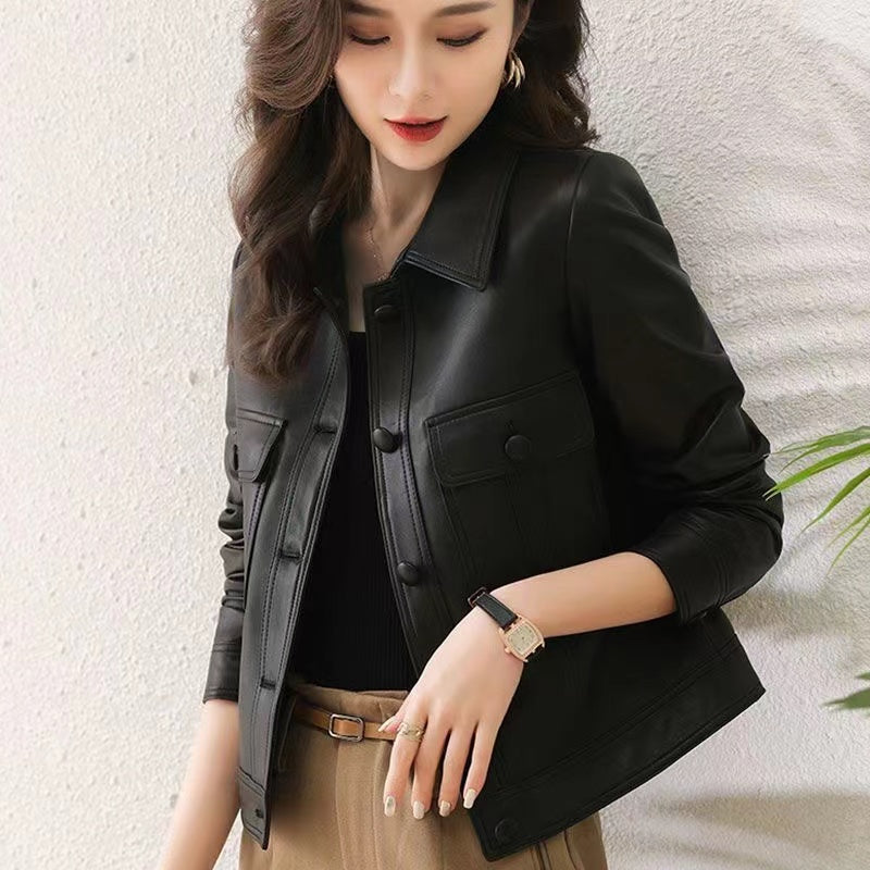 Lapel PU Leather Jacket Women 2024Spring Autumn New Coat Fashion Locomotive God