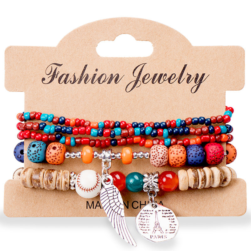 Boho Colorful Rice Beads Bracelet Set For Women Eiffel Tower Wing Charm Stone C