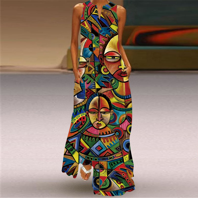 Summer Retro Indian Indian Print New Hollow V-neck Loose Long Dress Elegant And