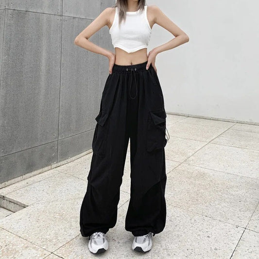 Y2K Trousers Women Cargo Pants Straight Wide Leg Drawstring Oversize Pockets Kp