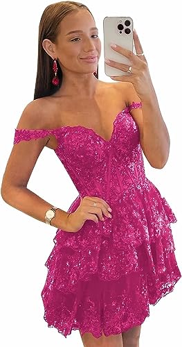 Off-the-Shoulder Sweetheart Tulle Homecoming Dresses Lace Tiered Sleeveless Spa