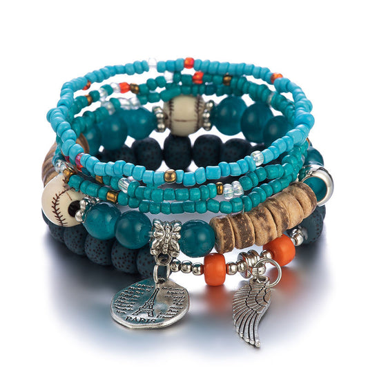 Boho Colorful Rice Beads Bracelet Set For Women Eiffel Tower Wing Charm Stone C