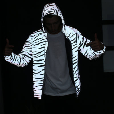 New Men Leopard zebra reflective Night shining Hooded Windbreaker Jacket hip ho