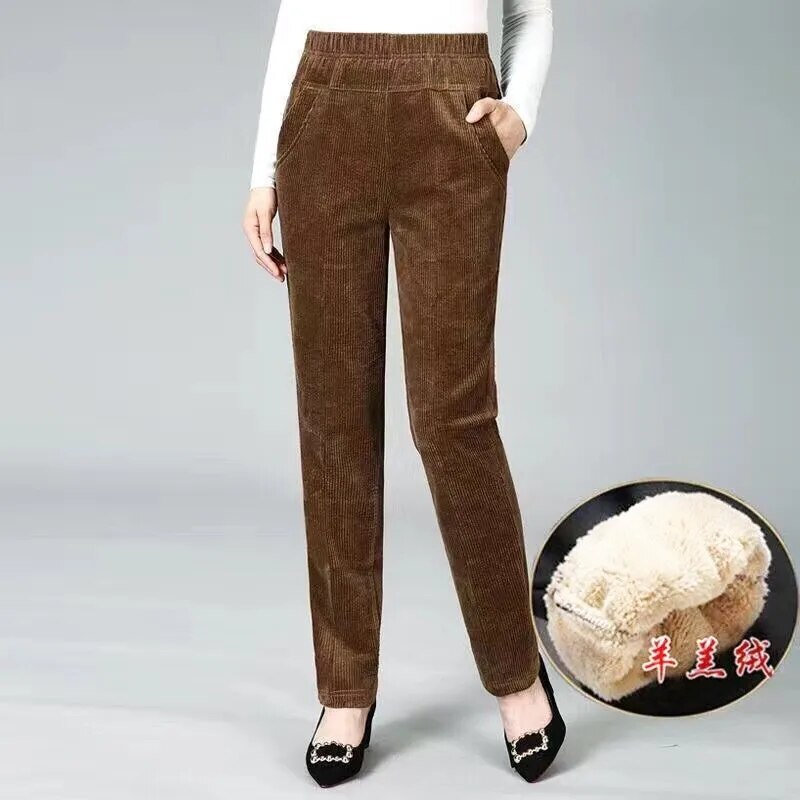 Plush Thick Casual Pants Fleece Pencil Pants Women's Corduroy Warm High Waist P