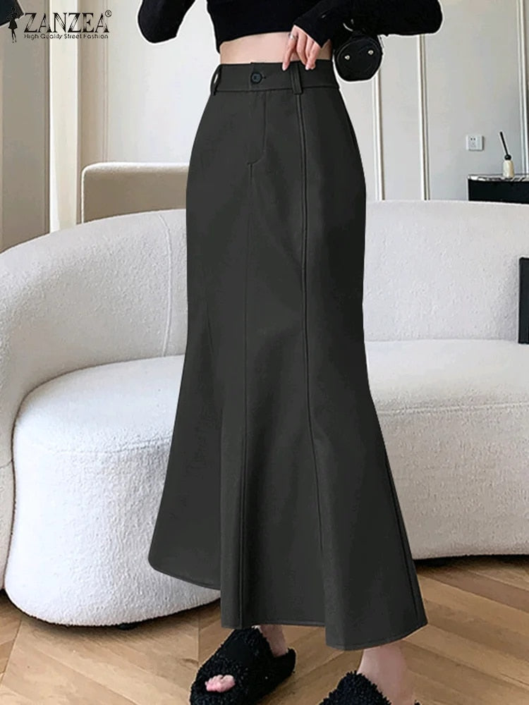 ZANZEA Long Skirt Leather Skirt Fashion High Waist Skirt Women PU Office Lady S